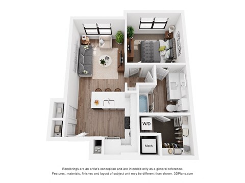 A 3D floor plan of a small apartment with a kitchen, living room, and bedroom.